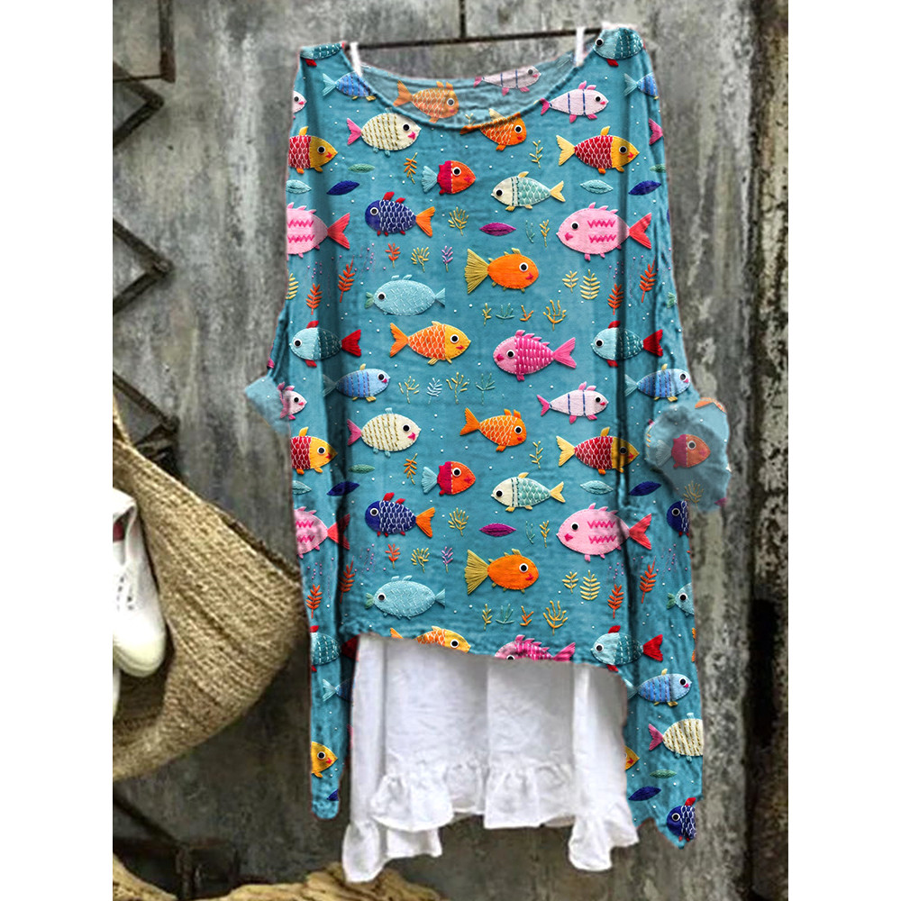 Cute Fish Embroidery Pattern Linen Blend Casual Shirt
