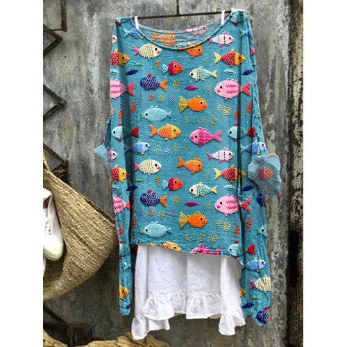 Cute Fish Embroidery Pattern Linen Blend Casual Shirt