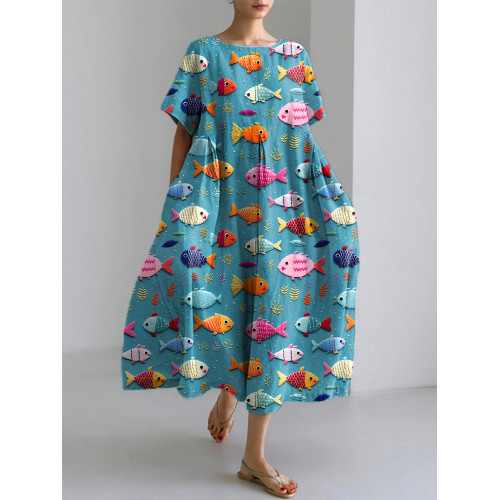 Cute Fish Embroidery Pattern Linen Blend Dress