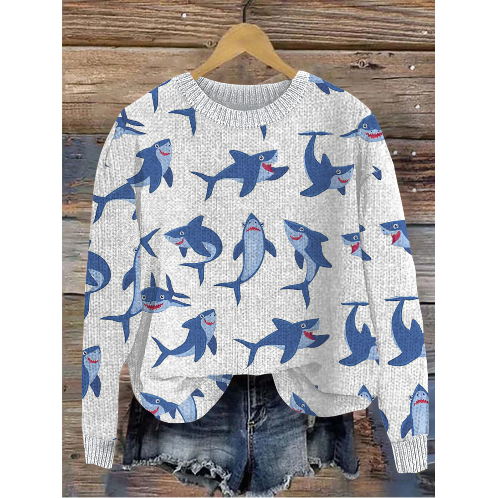 Cute Ocean Shark Print Cozy Knit Sweater