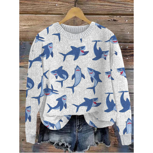 Cute Ocean Shark Print Cozy Knit Sweater