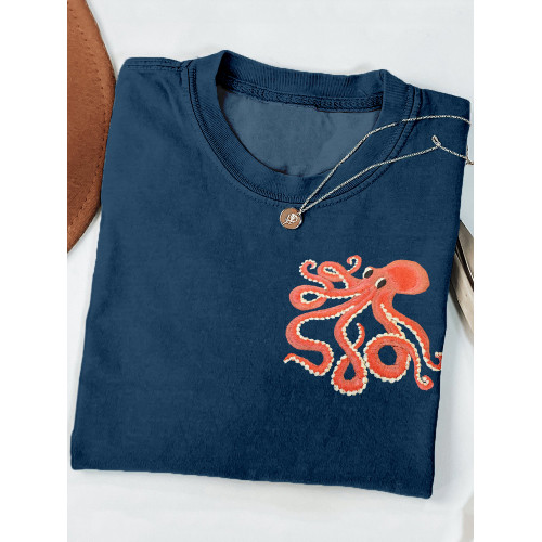Cute Octopus Embroidered Art Casual Cozy T Shirt