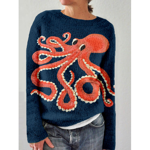 Cute Octopus Embroidered Art Cozy Knit Sweater