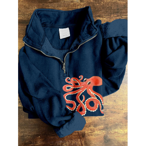 Cute Octopus Embroidered Art Zip Up Comfy Sweatshirt
