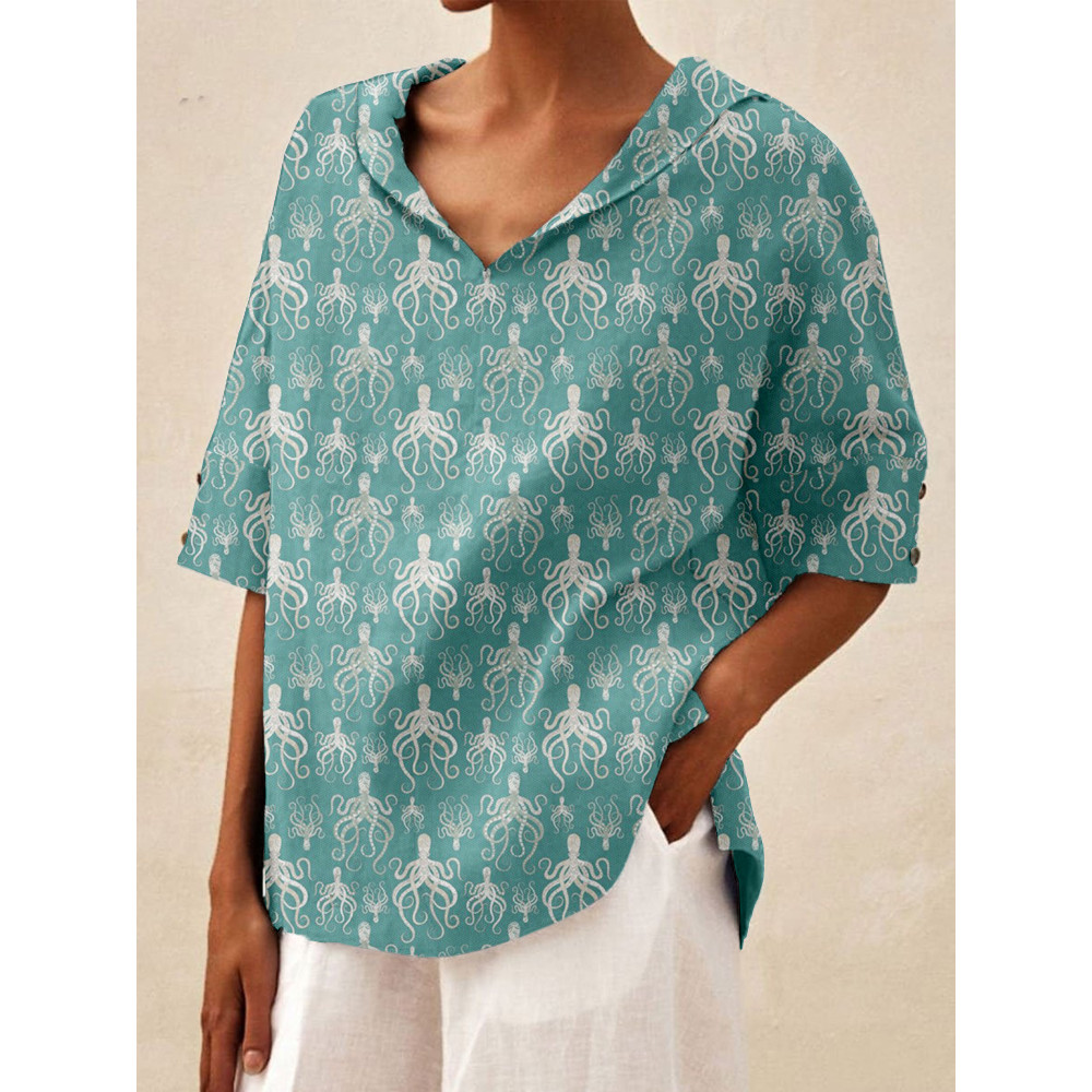 Cute Octopus Pattern Linen Blend Cozy Shirt