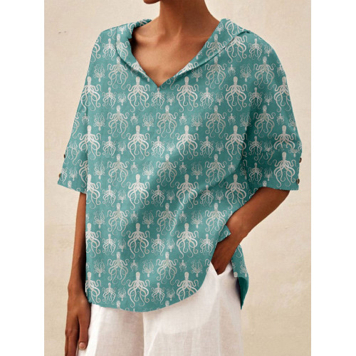 Cute Octopus Pattern Linen Blend Cozy Shirt