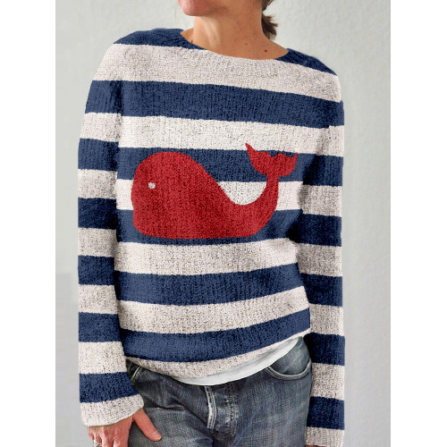 Cute Whale Graphic Blue White Stripe Cozy Sweater