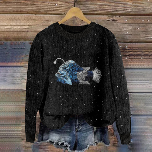 Deep Sea Angler Fish Embroidered Artwork Cozy Sweater