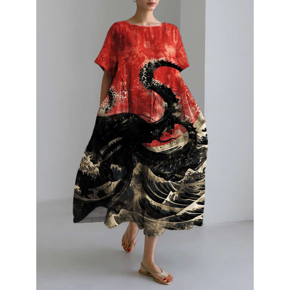 Deep Sea Monster Short Sleeve Linen Maxi Dress