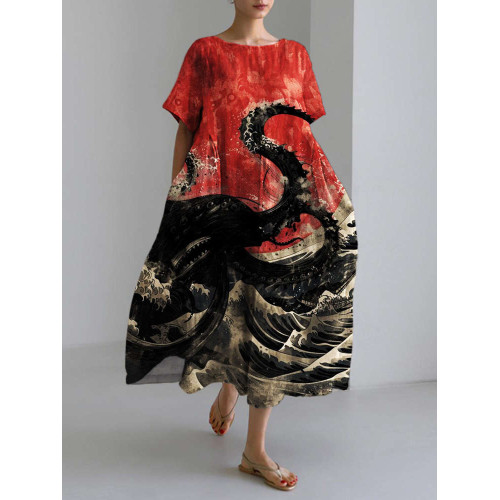 Deep Sea Monster Short Sleeve Linen Maxi Dress