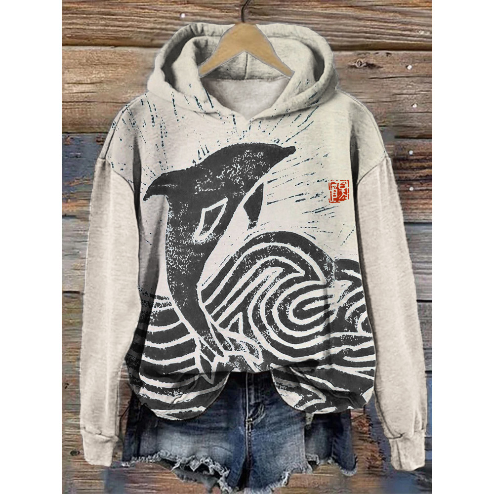 Dolphin Breach Japanese Lino Art Cozy Hoodie