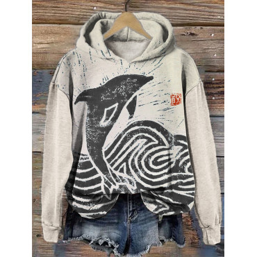 Dolphin Breach Japanese Lino Art Cozy Hoodie