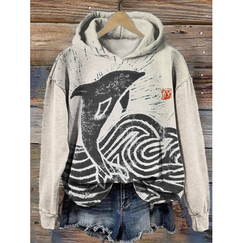 Dolphin Breach Japanese Lino Art Cozy Hoodie