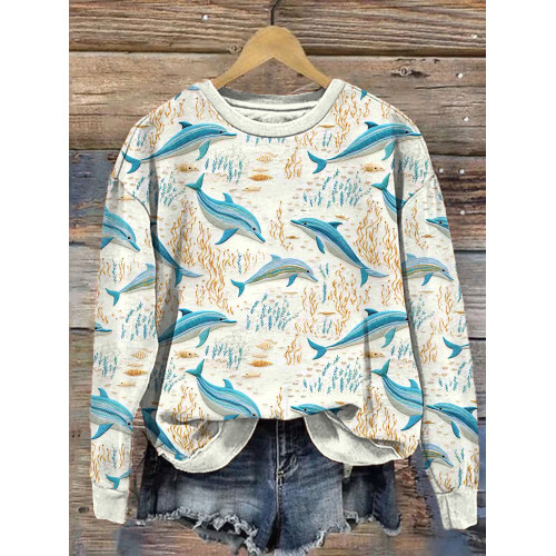 Dolphin Embroidery Art Print Casual Cozy Sweatshirt