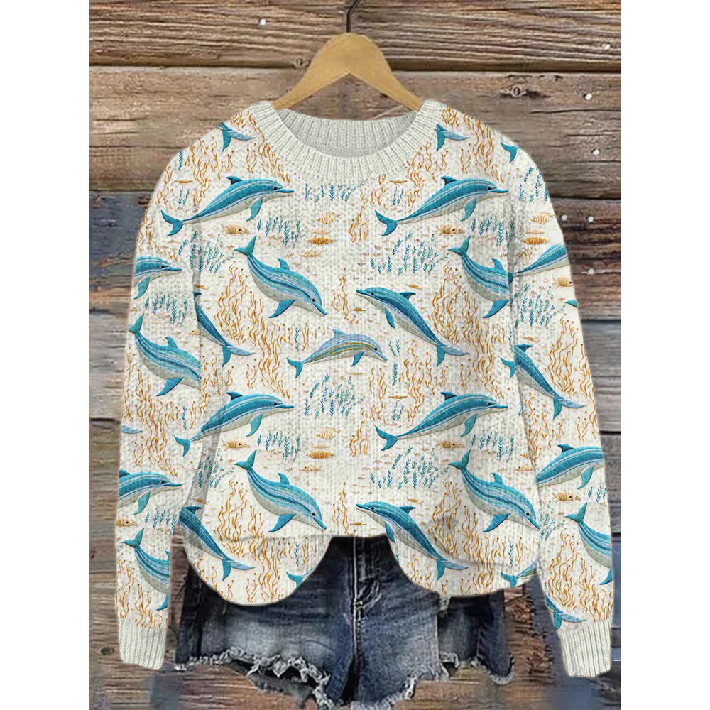 Dolphin Embroidery Pattern Cozy Knit Sweater