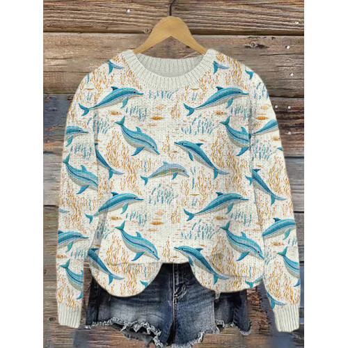 Dolphin Embroidery Pattern Cozy Knit Sweater