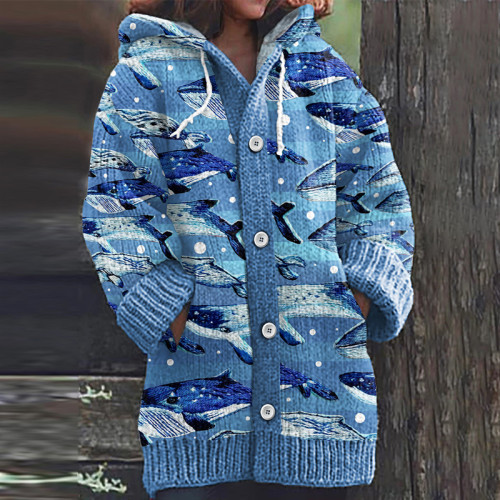 Dolphin Faux Embroidery Hooded Sweater Cardigan