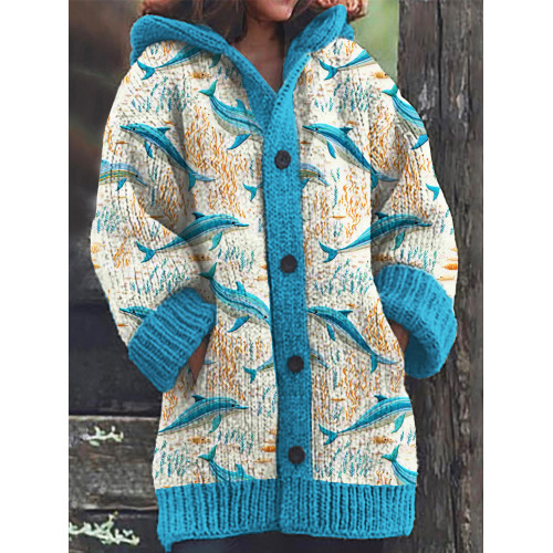 Dolphin Faux Embroidery Hooded Sweater Cardigan
