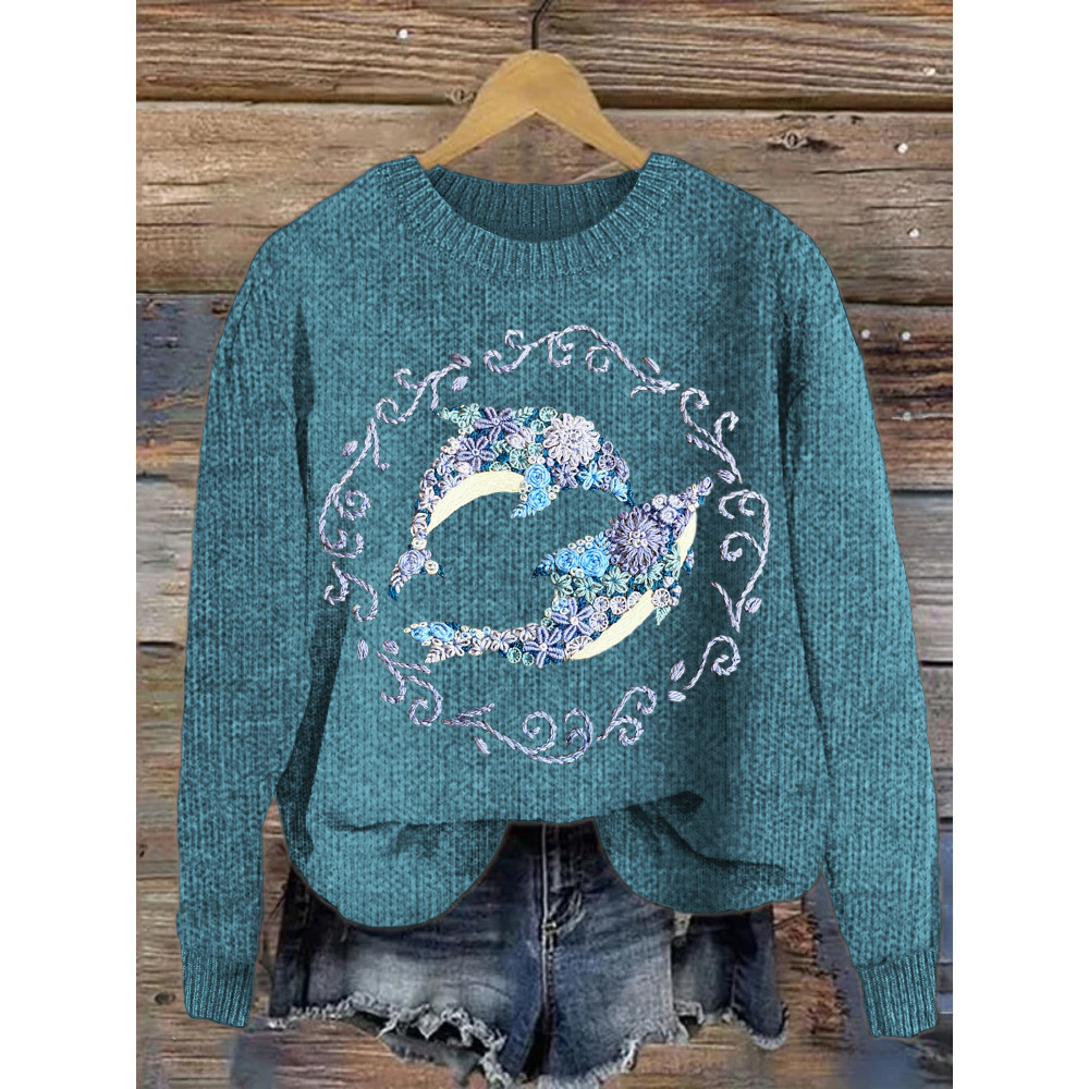 Dolphin Floral Embroidery Cozy Knit Sweater