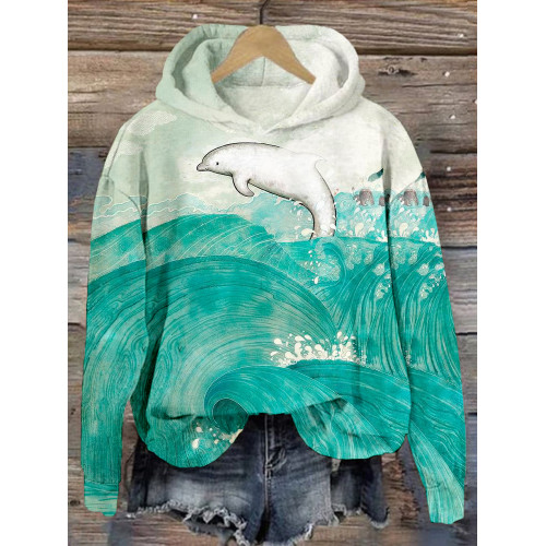 Dolphin and Wave Art Graphic Comfy Hoodie