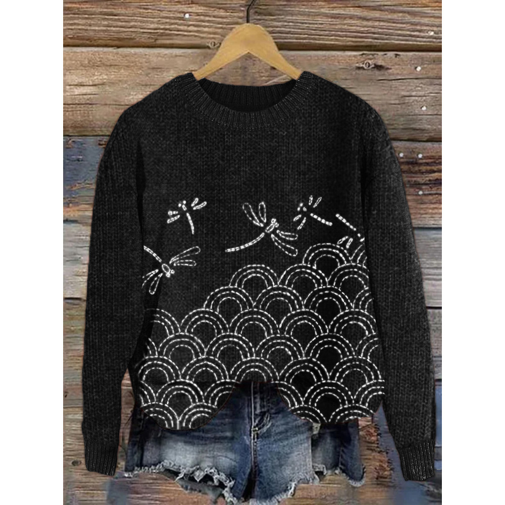 Dragonflies & Sea Waves Japanese Sashiko Embroidered Knit Sweater