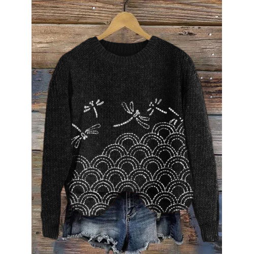 Dragonflies & Sea Waves Japanese Sashiko Embroidered Knit Sweater