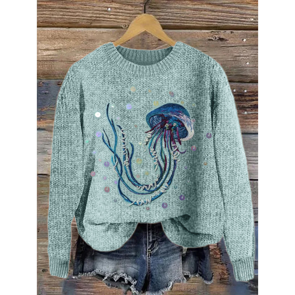 Dreamy Jellyfish Sequin Embroidery Cozy Knit Sweater