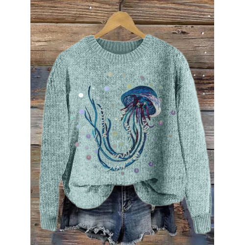 Dreamy Jellyfish Sequin Embroidery Cozy Knit Sweater