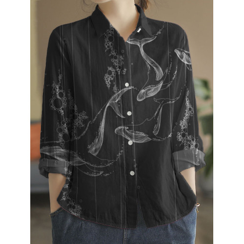 Dreamy Ocean Whales Art Linen Blend Blouse