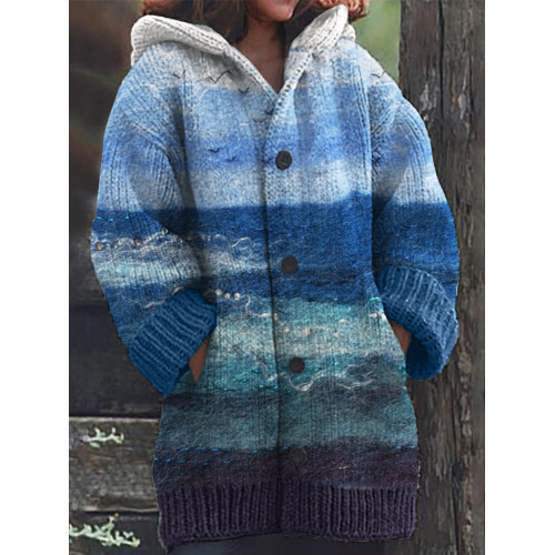 Dreamy Seascape Felt Art Cozy Hooded Cardigan