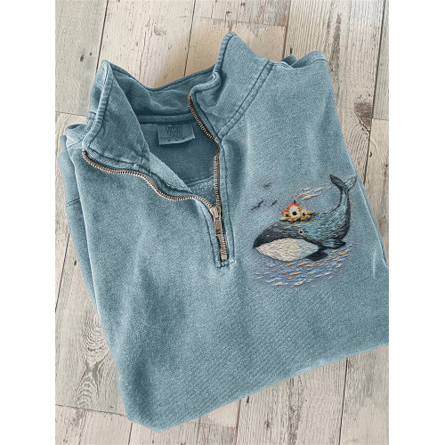 Dreamy Whale Island Embroidery Art Zip Up Sweatshirt