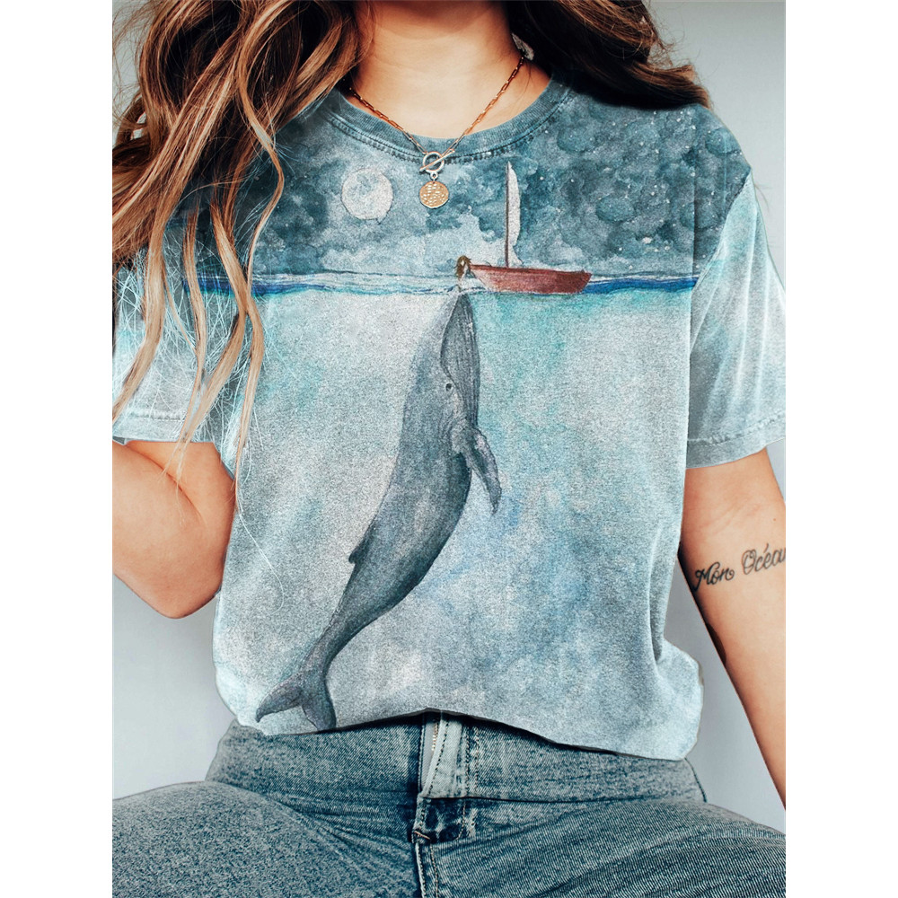 Dreamy Whale & Girl Watercolor Art Washed T Shirt