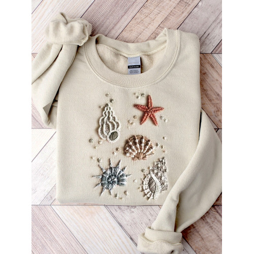 Elegant Sea Shells Embroidery Art Comfy Sweatshirt