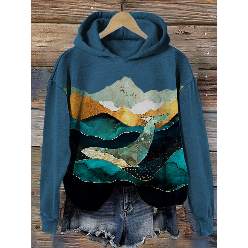 Elegant Whale & Landscape Art Cozy Hoodie