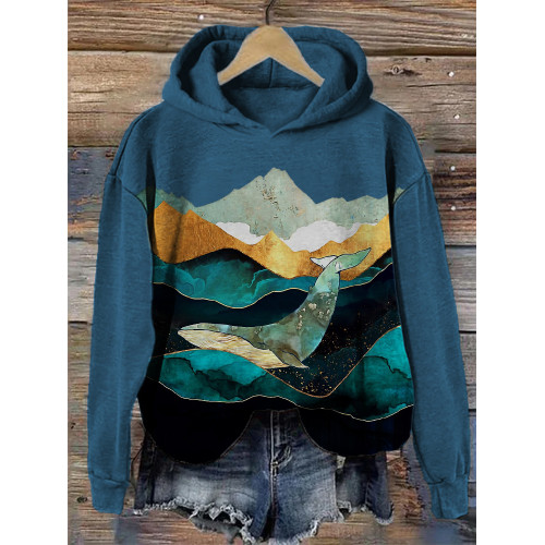 Elegant Whale & Landscape Art Cozy Hoodie