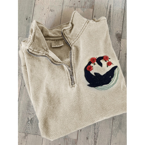Elegant Whale with Roses Embroidery Art Zip Up Sweatshirt