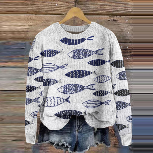 Fashion Fish Print Long Sleeve Knitted Sweater