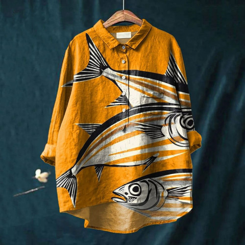 Fish Art Print Lapel Long Sleeve Shirt