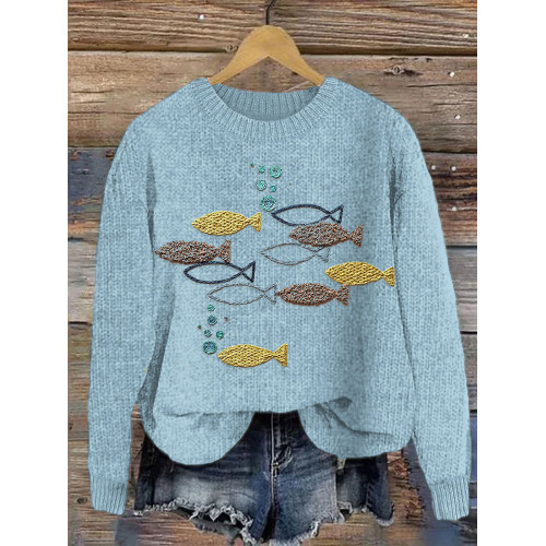Fish Embroidery Pattern Cozy Knit Sweater