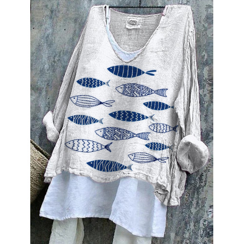 Fish Embroidery Pattern Linen Blend Casual Shirt