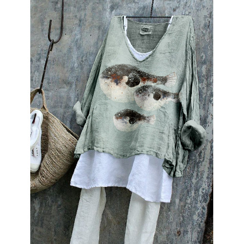 Fish Family Japanese Art Linen Blend Flowy Tunic
