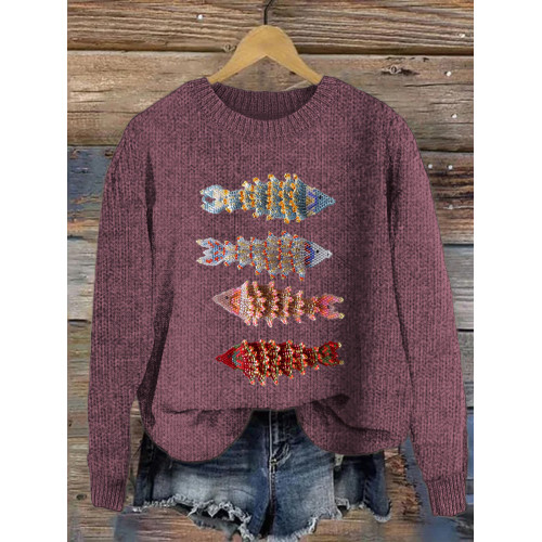 Fish Handmade Beaded Pattern Cozy Knit Sweater