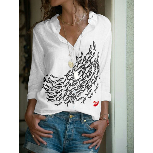 Fish Japanese Art Linen Blend Cozy Blouse