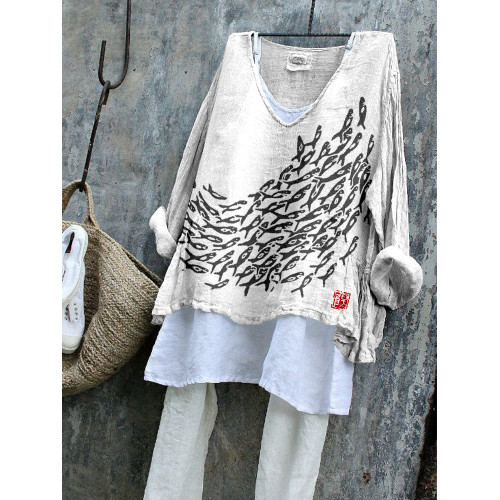 Fish Japanese Art Linen Blend Cozy Flowy Tunic