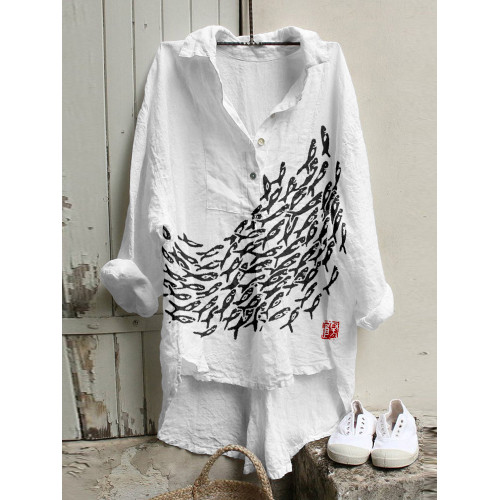 Fish Japanese Art Linen Blend High Low Tunic