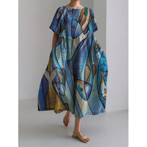 Fish Japanese Colorblock Art Linen Blend Maxi Dress