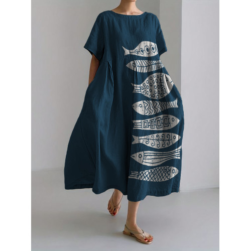 Fish Japanese Lino Art Flowy Linen Blend Maxi Dress