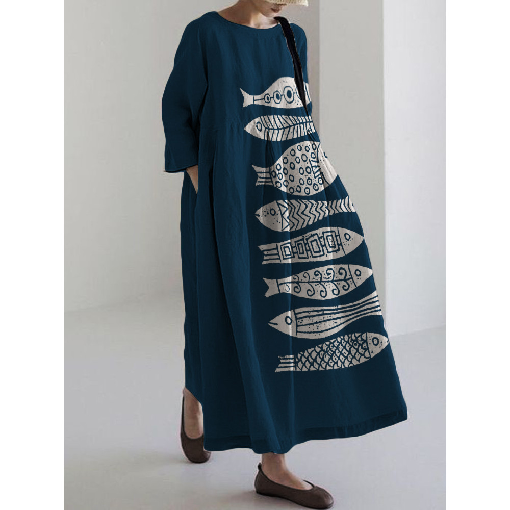 Fish Japanese Lino Art Flowy Linen Blend Maxi Dress