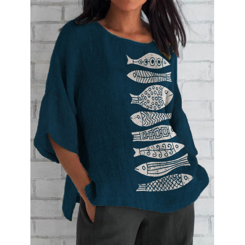 Fish Japanese Lino Art Flowy Linen Blend Tunic