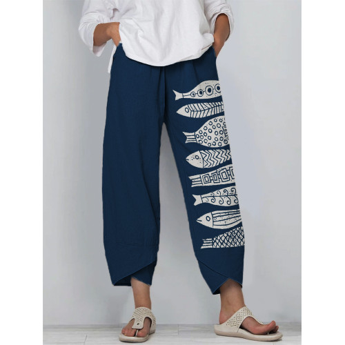 Fish Japanese Lino Art Linen Blend Cropped Pants